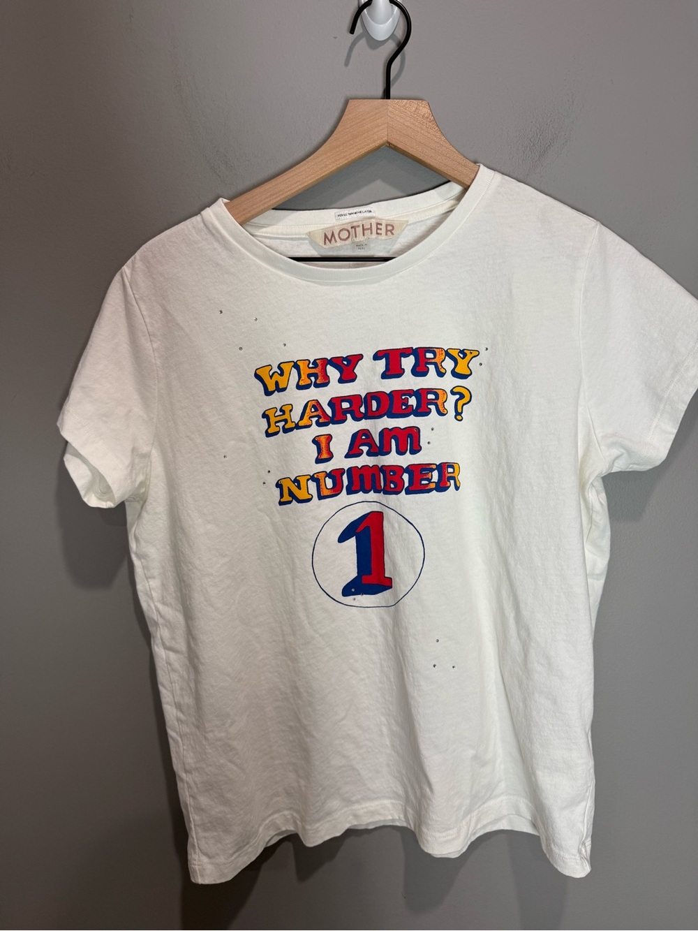 MOTHER The Boxy Goodie Goodie Tee Why Try Harder White Size M Rhinestone